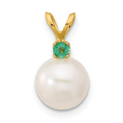 14k8-8.5mm White Round Freshwater Cultured Pearl and .09EM Emerald Pendant