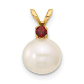 14k 8-8.5mm White Round Freshwater Cultured Pearl and .09GA Garnet Pendant