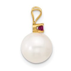 14k 8-8.5mm White Round Freshwater Cultured Pearl and .09RU Ruby Pendant
