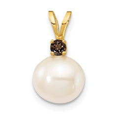 14k 8-8.5mm White Round Freshwater Cultured Pearl and .09SQ Smoky Quartz Pendant