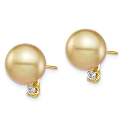 14k 9-10mm Round Golden South Sea Saltwater Cultured Pearl and .10 Carat Diamond Post Earrings