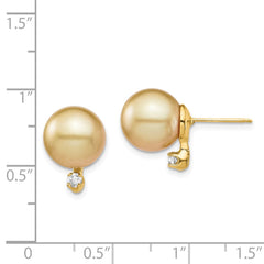 14k 9-10mm Round Golden South Sea Saltwater Cultured Pearl and .10 Carat Diamond Post Earrings
