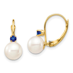 14k 7-7.5mm White Round Freshwater Cultured Pearl and .18SA Sapphire Leverback Earrings