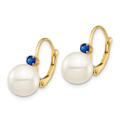 14k 8-8.5mm White Round Freshwater Cultured Pearl and .18SA Sapphire Leverback Earrings