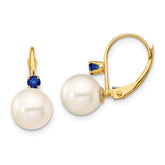 14k 8-8.5mm White Round Freshwater Cultured Pearl and .18SA Sapphire Leverback Earrings