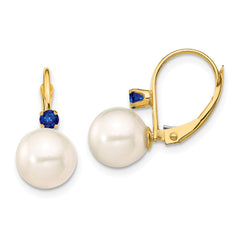 14k 8-8.5mm White Round Freshwater Cultured Pearl and .18SA Sapphire Leverback Earrings