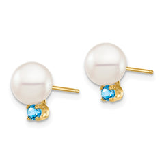 14k 7-7.5mm White Round Freshwater Cultured Pearl and .18BT Swiss Blue Topaz Post Earrings