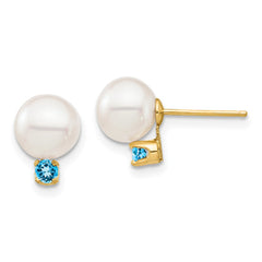 14k 7-7.5mm White Round Freshwater Cultured Pearl and .18BT Swiss Blue Topaz Post Earrings