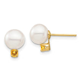 14k 7-7.5mm White Round Freshwater Cultured Pearl and .14CI Citrine Post Earrings