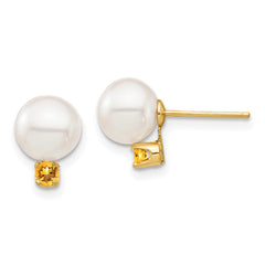 14k 7-7.5mm White Round Freshwater Cultured Pearl and .14CI Citrine Post Earrings
