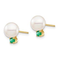 14k 7-7.5mm White Round Freshwater Cultured Pearl and .18EM Emerald Post Earrings