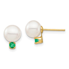 14k 7-7.5mm White Round Freshwater Cultured Pearl and .18EM Emerald Post Earrings