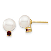 14k 7-7.5mm White Round Freshwater Cultured Pearl and .18GA Garnet Post Earrings
