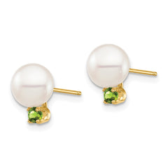 14k 7-7.5mm White Round Freshwater Cultured Pearl and .14PE Peridot Post Earrings