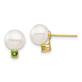 14k 7-7.5mm White Round Freshwater Cultured Pearl and .14PE Peridot Post Earrings