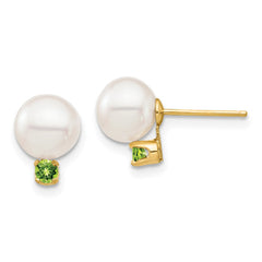 14k 7-7.5mm White Round Freshwater Cultured Pearl and .14PE Peridot Post Earrings