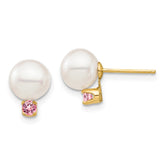 14k 7-7.5mm White Round Freshwater Cultured Pearl and .14PT Pink Topaz Post Earrings