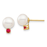14k 7-7.5mm White Round Freshwater Cultured Pearl and .18RU Ruby Post Earrings