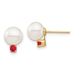 14k 7-7.5mm White Round Freshwater Cultured Pearl and .18RU Ruby Post Earrings