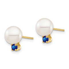 14k 7-7.5mm White Round Freshwater Cultured Pearl and .18SA Sapphire Post Earrings