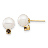 14k 7-7.5mm White Round Freshwater Cultured Pearl and .18SQ Smokey Quartz Post Earrings