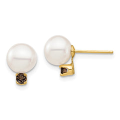 14k 7-7.5mm White Round Freshwater Cultured Pearl and .18SQ Smokey Quartz Post Earrings