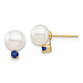 14k 7-7.5mm White Round Freshwater Cultured Pearl and .18SA Sapphire Post Earrings