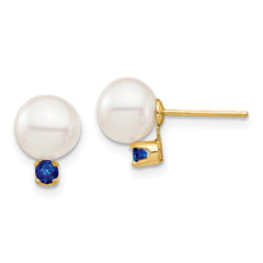 14k 7-7.5mm White Round Freshwater Cultured Pearl and .18SA Sapphire Post Earrings
