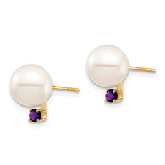 14k 8-8.5mm White Round Freshwater Cultured Pearl and .14AM Amethyst Post Earrings