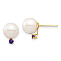 14k 8-8.5mm White Round Freshwater Cultured Pearl and .14AM Amethyst Post Earrings