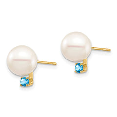 14k 8-8.5mm White Round Freshwater Cultured Pearl and .18BT Swiss Blue Topaz Post Earrings