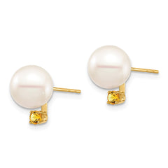 14k 8-8.5mm White Round Freshwater Cultured Pearl and .14CI Citrine Post Earrings