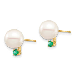 14k 8-8.5mm White Round Freshwater Cultured Pearl and .18EM Emerald Post Earrings