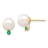 14k 8-8.5mm White Round Freshwater Cultured Pearl and .18EM Emerald Post Earrings