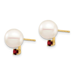 14k 8-8.5mm White Round Freshwater Cultured Pearl and .18GA Garnet Post Earrings