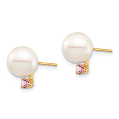 14k 8-8.5mm White Round Freshwater Cultured Pearl and .14PT Pink Topaz Post Earrings