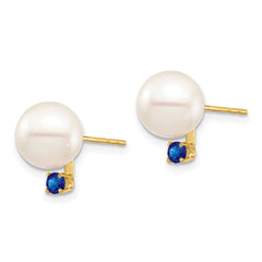 14k 8-8.5mm White Round Freshwater Cultured Pearl and .18SA Sapphire Post Earrings