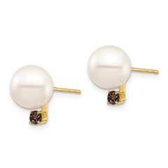 14k 8-8.5mm White Round Freshwater Cultured Pearl and .18SQ Smoky Quartz Post Earring
