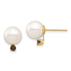 14k 8-8.5mm White Round Freshwater Cultured Pearl and .18SQ Smoky Quartz Post Earring