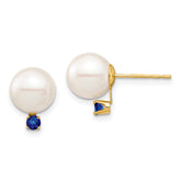 14k 8-8.5mm White Round Freshwater Cultured Pearl and .18SA Sapphire Post Earrings