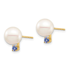 14k 8-8.5mm White Round Freshwater Cultured Pearl and .14TZ Tanzanite Post Earrings