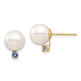 14k 8-8.5mm White Round Freshwater Cultured Pearl and .14TZ Tanzanite Post Earrings