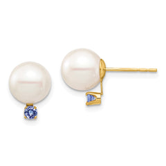 14k 8-8.5mm White Round Freshwater Cultured Pearl and .14TZ Tanzanite Post Earrings