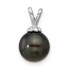 14k White Gold 8-9mm Round Black Tahitian Saltwater Cultured Pearl Pendant