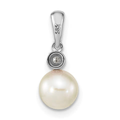 14k White Gold 6-7mm Round White Akoya Saltwater Cultured Pearl and .05 Carat Diamond Pendant
