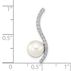 14k White Gold 7-8mm Round White Akoya Saltwater Cultured Pearl and .06 Carat Diamond Chain Slide