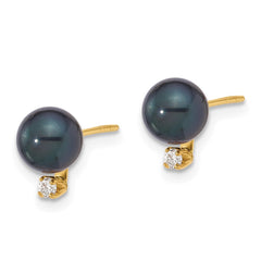 14k 6-7mm Black Round Akoya Saltwater Cultured Pearl and .06 Carat Diamond Post Earrings