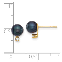 14k 6-7mm Black Round Akoya Saltwater Cultured Pearl and .06 Carat Diamond Post Earrings