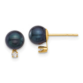 14k 6-7mm Black Round Akoya Saltwater Cultured Pearl and .06 Carat Diamond Post Earrings