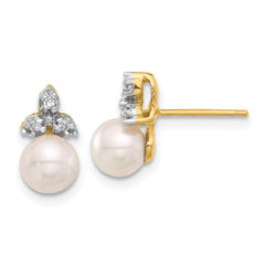 14k 5-6mm White Round Freshwater Cultured Pearl and .06 Carat Diamond Post Earrings